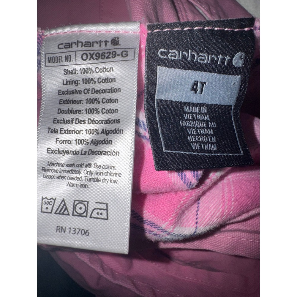 Carhartt Girls Pink Flannel Lined Canvas Bib Overalls 4T - Picture 7 of 8